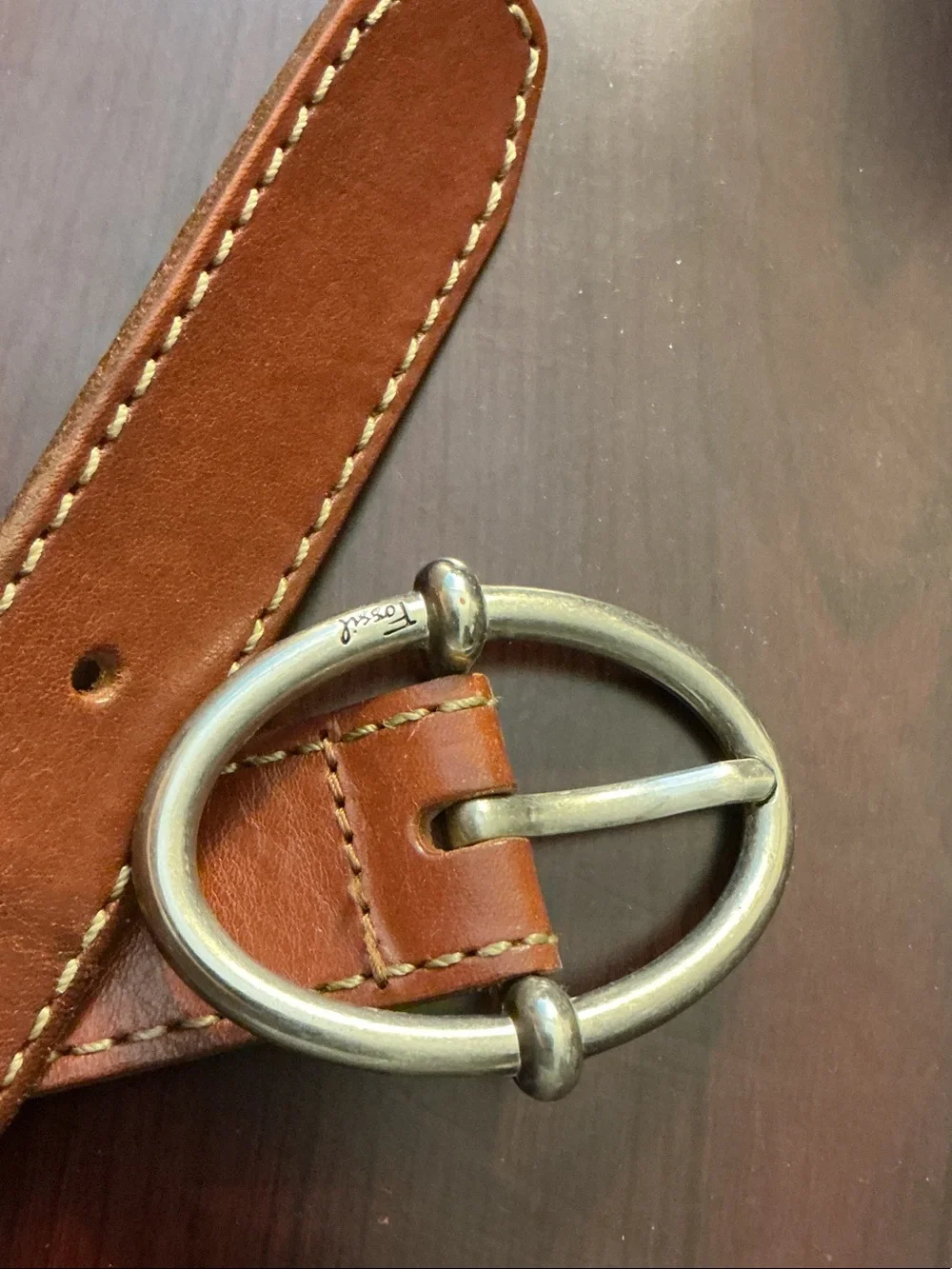 Fossil Tan/Brown Leather Belt with Round Silver Buckle